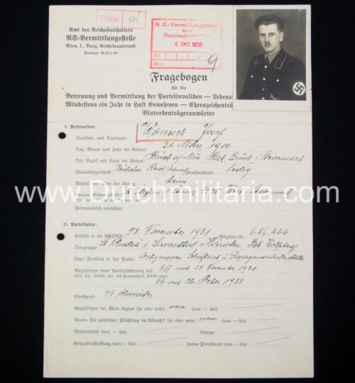 (Document) SS-Fragebogen with SS passphoto NS-NS-Vermittlungsstelle Wien 1938 - rare