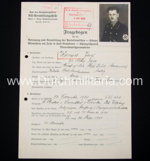 (Document) SS-Fragebogen with SS passphoto NS-NS-Vermittlungsstelle Wien 1938 - rare