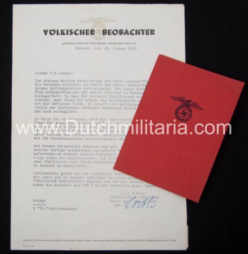(Documents) Völkische Beobachter letter + Quittungsbuch (1937)