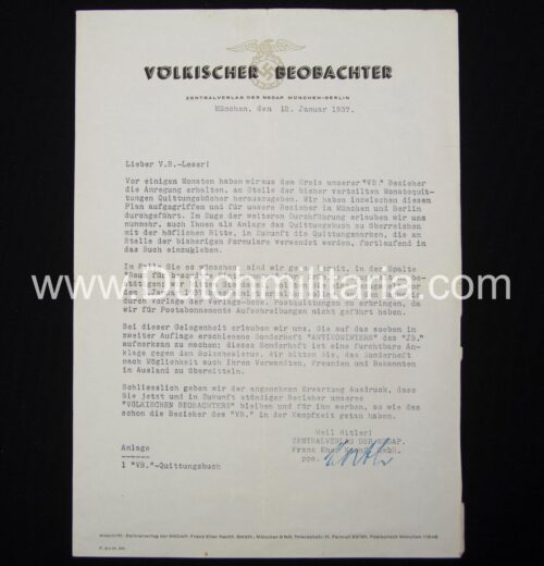 (Documents) Völkische Beobachter letter + Quittungsbuch (1937)