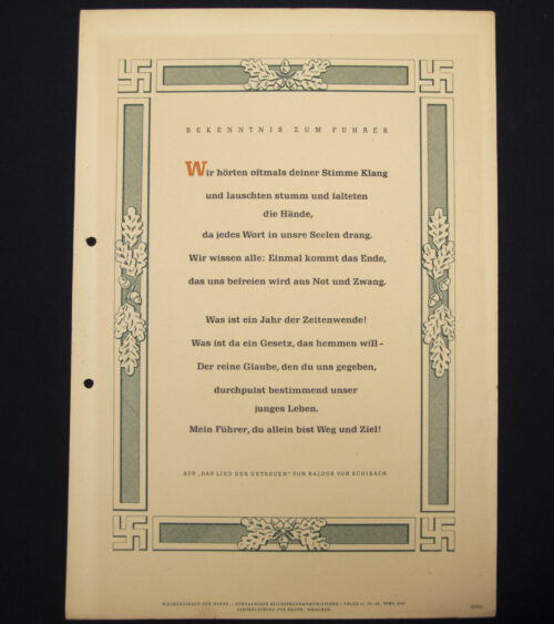 WWII German Wochenspruch (propaganda miniposter) with a saying of Baldur von Schirach