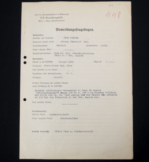(Document) NS-Vermittlungstelle Wien - Bewerbungsfragebogen with SA Passphoto