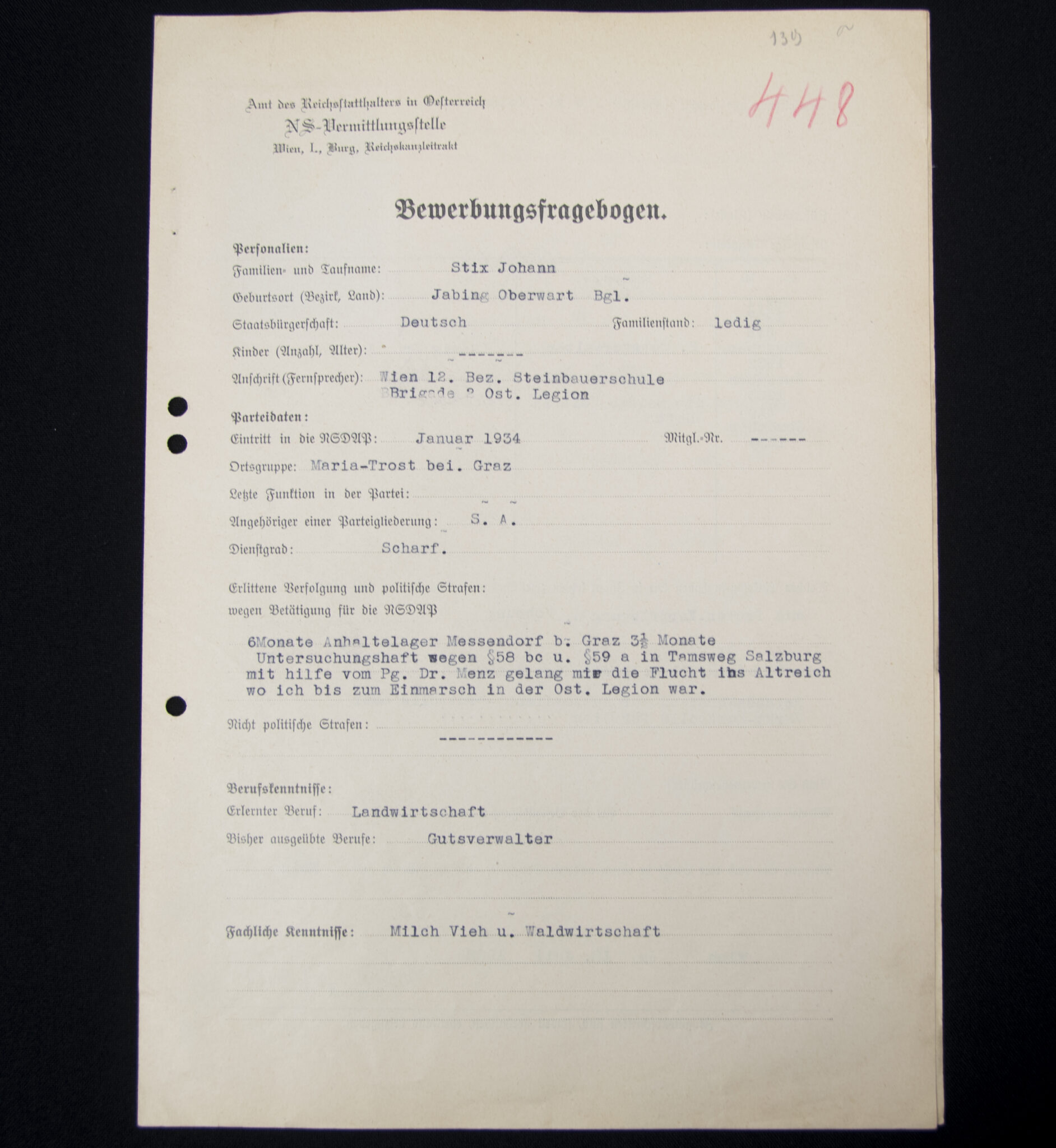 (Document) NS-Vermittlungstelle Wien - Bewerbungsfragebogen with SA Passphoto - Image 2