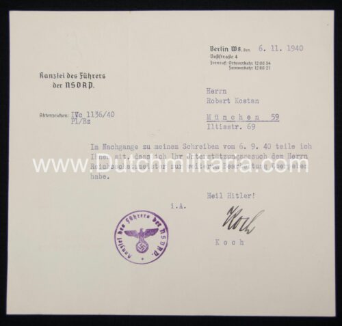 (Document) Kanzlei der Führers der NSDAP (signed Koch) (1940)