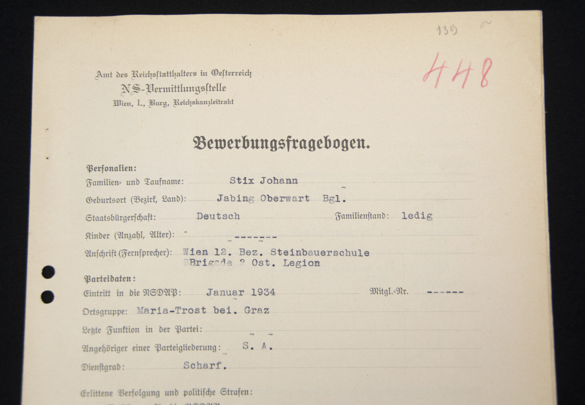 (Document) NS-Vermittlungstelle Wien - Bewerbungsfragebogen with SA Passphoto - Image 3