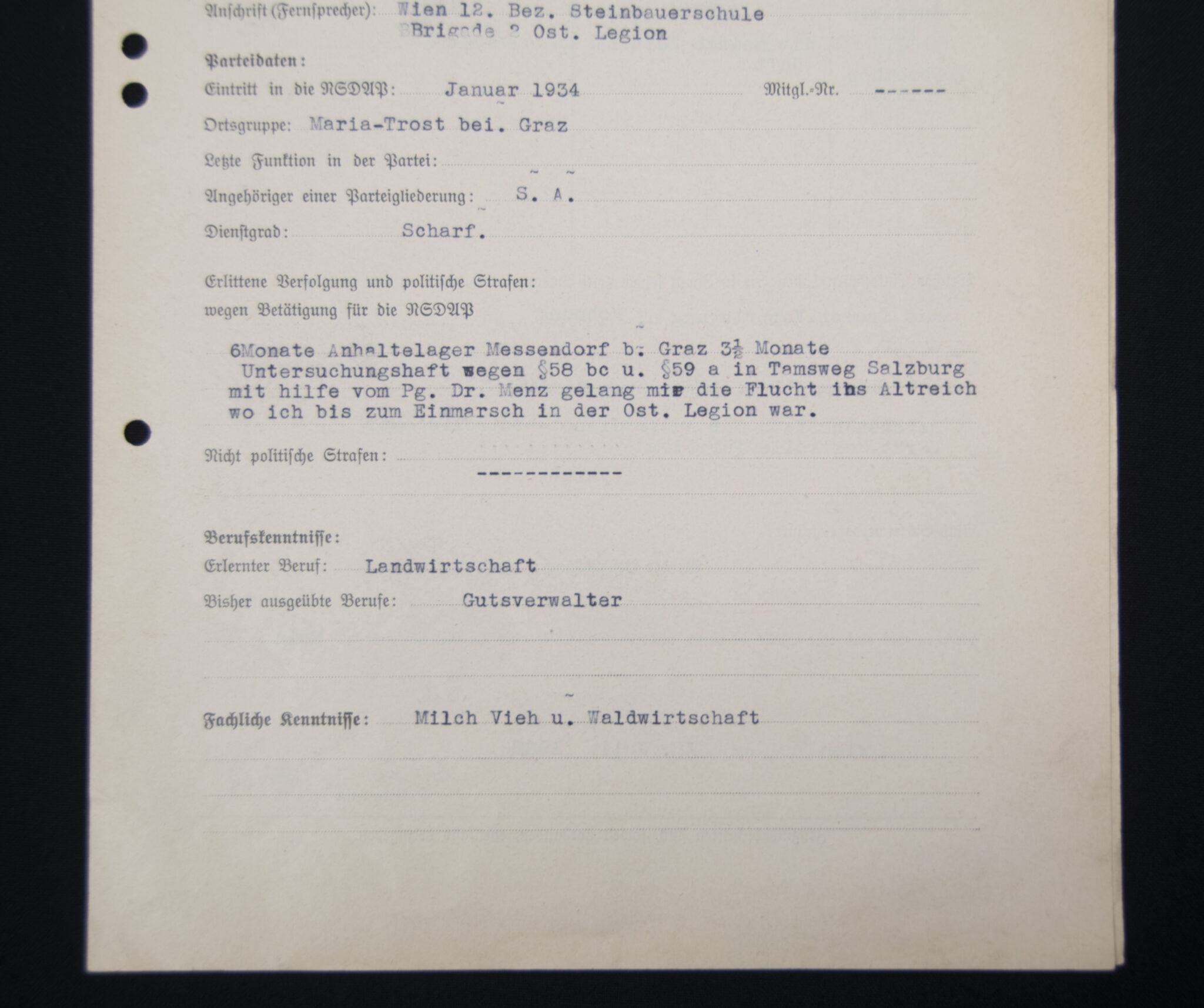(Document) NS-Vermittlungstelle Wien - Bewerbungsfragebogen with SA Passphoto - Image 4