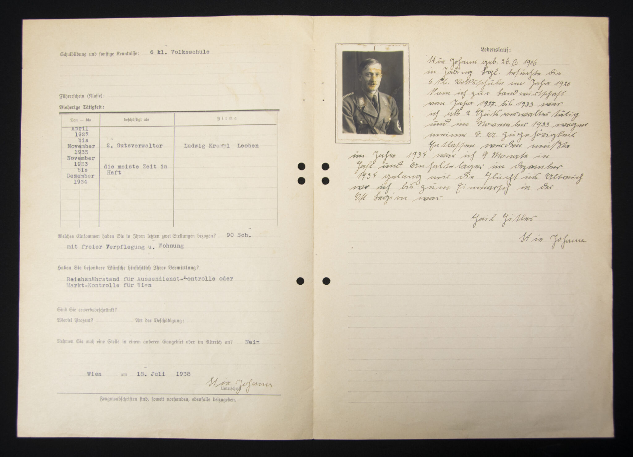 (Document) NS-Vermittlungstelle Wien - Bewerbungsfragebogen with SA Passphoto - Image 5