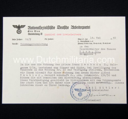 (Document) NSDAP Gau wien Kanzlei der Kreisleiters Wohnungvermietung (1940)