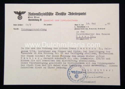 (Document) NSDAP Gau wien Kanzlei der Kreisleiters Wohnungvermietung (1940)