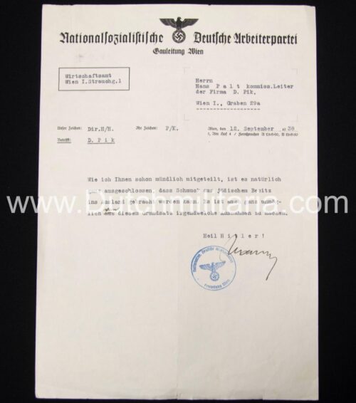 (Document) NSDAP Glauleitung Wien Schmuck aus jüdischem Besitz