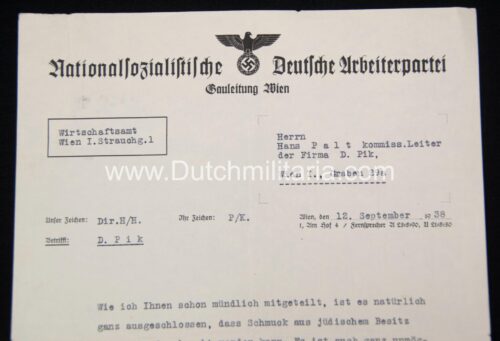 (Document) NSDAP Glauleitung Wien Schmuck aus jüdischem Besitz