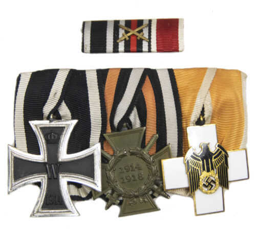 German medalbar with Iron cross second class (EK2) + Frontkämpfer Ehrenkreuz + Ehrenzeichen für deutsche Volkspflege 3. Stufe - rare