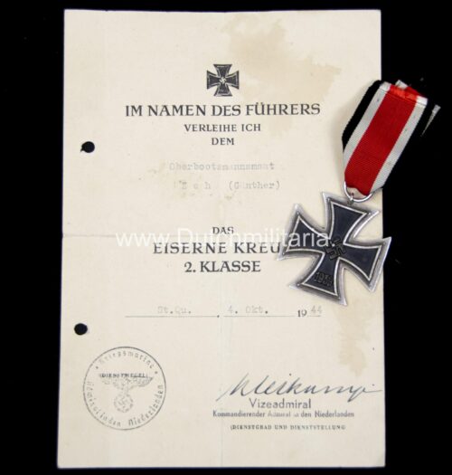 Iron Cross second Class + Citation - Signed Vizeadmiral Kleikamp [Kommandierender Admiral in den Niederlanden] (1944)