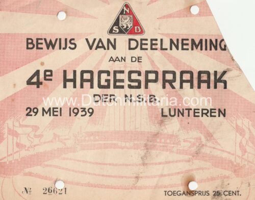 (NSB) Bewijs van deelneming aan de 4e Hagespraak der N.S.B. 19 Mei 1939 Lunteren [entrance ticket] - Rare