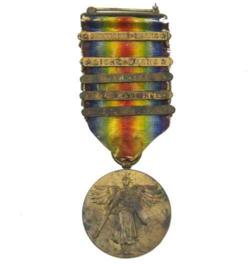 WWI U.S. Army Victory Medal with 4 claps Champagne Marne, Aisne Marne, St. Mihiel, Meuse-Argonne, Defensive sector