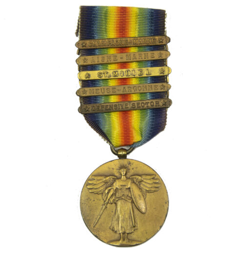 WWI U.S. Army Victory Medal with 5 claps Champagne-Marne, Aisne-Marne, St. Mihiel, Meuse-Argonne, Defensive sector