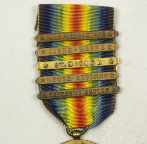 WWI U.S. Army Victory Medal with 5 claps Champagne-Marne, Aisne-Marne, St. Mihiel, Meuse-Argonne, Defensive sector