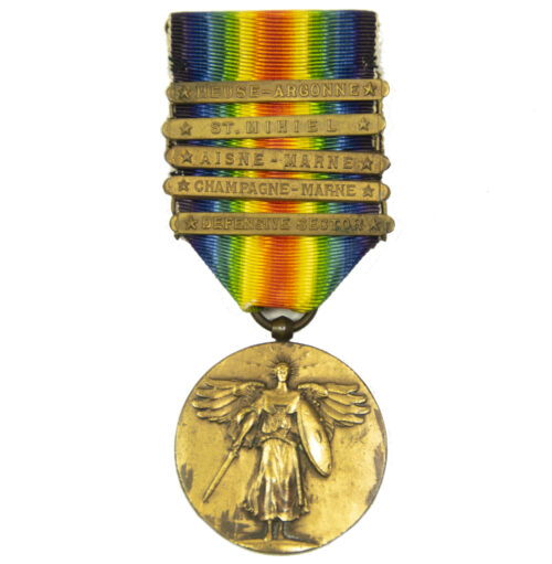 WWI U.S. Army Victory Medal with 5 claps Meuse-Argonne, St. Mihiel, Aisne-Marne, Champagne-Marne, Defensive sector
