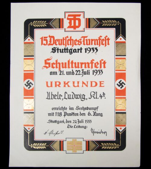 (Citation) 15. Deutsches Turnfest Stuttgart 1933 - SChulturnfest am 21. und 22. Juli 1933 Urkunde - rare