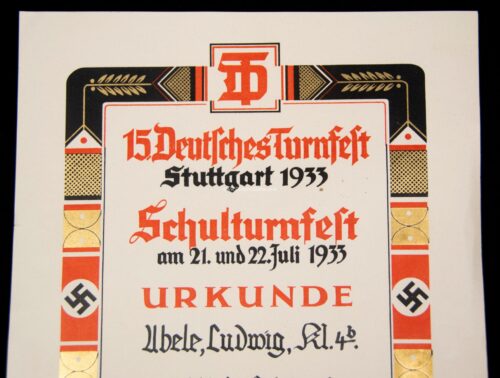 (Citation) 15. Deutsches Turnfest Stuttgart 1933 - SChulturnfest am 21. und 22. Juli 1933 Urkunde - rare