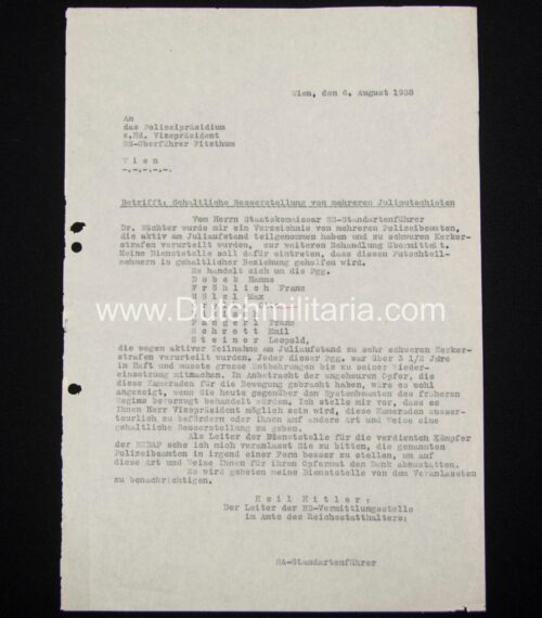 (Document) SS-Oberführer Fitzthum - Gehaltliche Besserstellung von mehreren Juliputschisten - rare