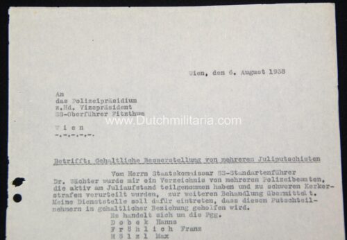 (Document) SS-Oberführer Fitzthum - Gehaltliche Besserstellung von mehreren Juliputschisten - rare
