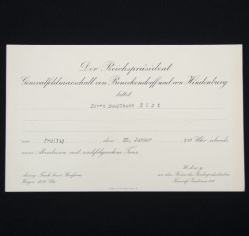 Paul von Hindenburg invitation card