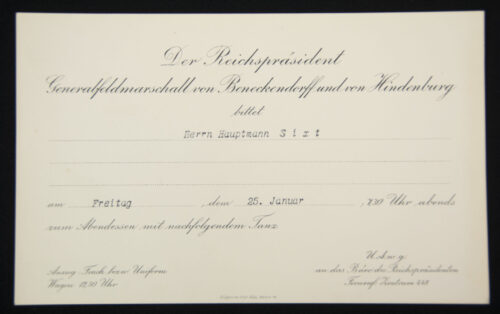 Paul von Hindenburg invitation card
