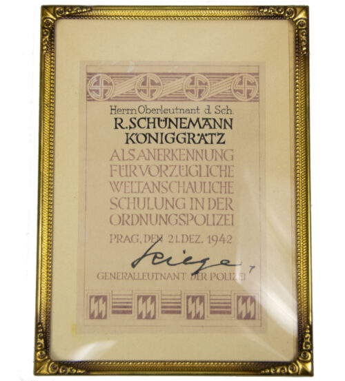(SS) Anerkennungsurkunde für Vorzügliche weltanschauliche Schulung in der Ordnungspolizei (Prag, 1942)