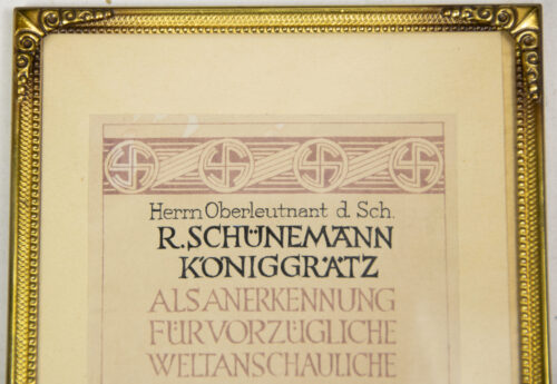 (SS) Anerkennungsurkunde für Vorzügliche weltanschauliche Schulung in der Ordnungspolizei (Prag, 1942)