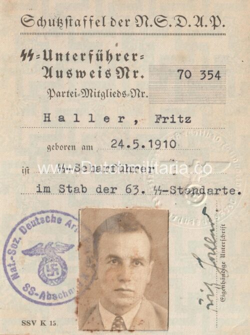 SS-Unterführer Ausweis Fritz Haller 63. SS-Standarte (1939)