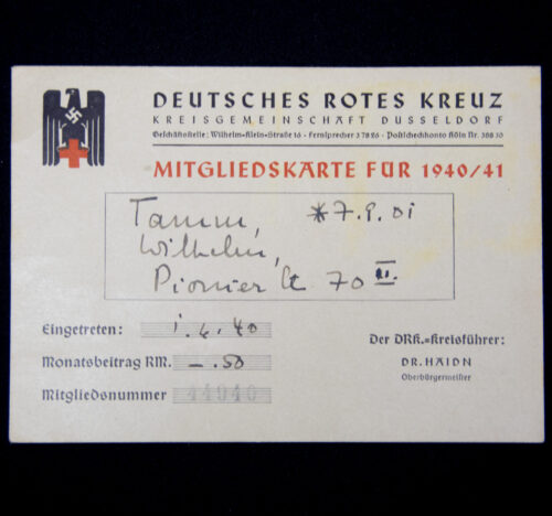 Deutsches Rote Kreuz (DRK) Kreisgemeinschaft Düsseldorf Mitgliedskarte für 194041