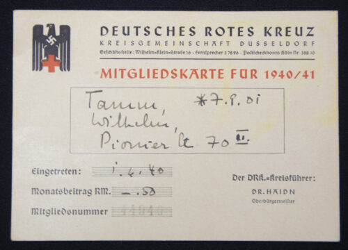 Deutsches Rote Kreuz (DRK) Kreisgemeinschaft Düsseldorf Mitgliedskarte für 194041