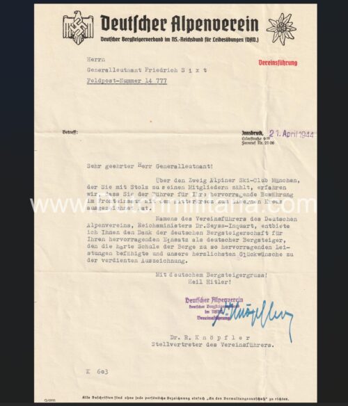 (Document) Congratulations letter from Deutscher Alpenverein with regards to Ritterkreuz awarding (1944)