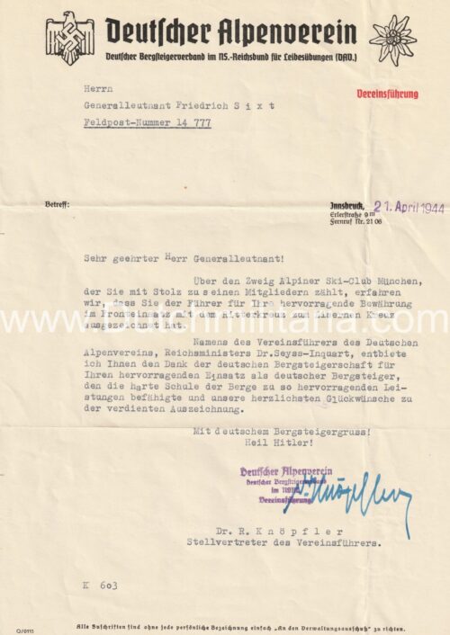 (Document) Congratulations letter from Deutscher Alpenverein with regards to Ritterkreuz awarding (1944)