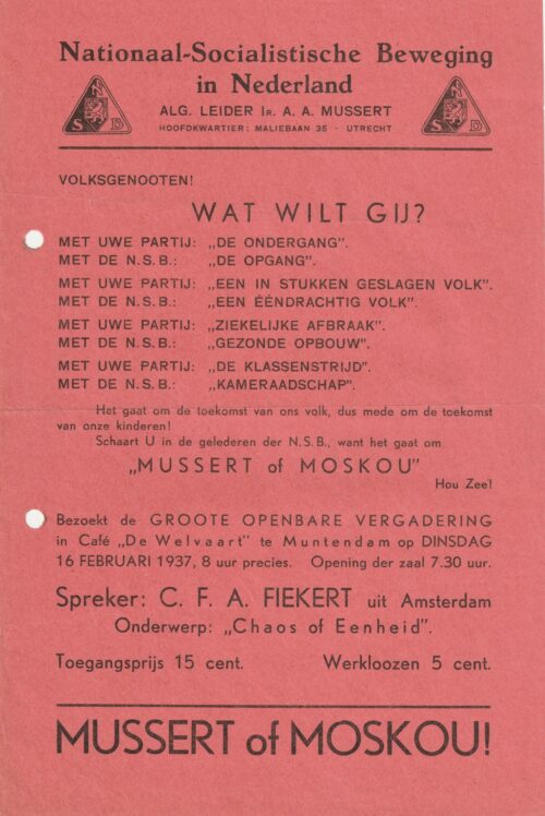 (Flyer NSB) Cafe de Welvaart te Muntendam (1937) - Mussert of Moskou
