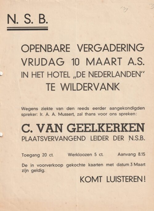 (Flyer NSB) N.S.B. Openbare vergadering Wildervank (Groningen) spreker C. van Geelkerken