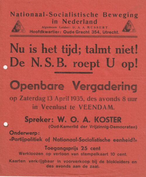 (Flyer NSB) Openbare Vergadering Veendam (Groningen)