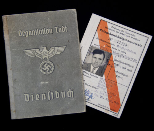 Organisation-Todt (O.T.) Dienstbuch + Kriegsbeschädigtenausweis