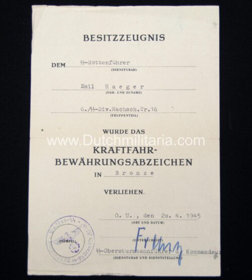SS grouping with SS Soldbuch + SS Führerschein + SS citation Kraftfahrbewärungsabzeichen
