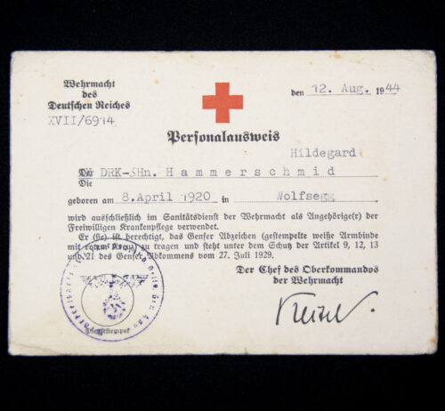 Wehrmacht des Deutschen Reichses Personalausweis Deutsches Rote Kreuz (DRK) 1944