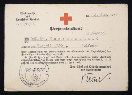 Wehrmacht des Deutschen Reichses Personalausweis Deutsches Rote Kreuz (DRK) 1944